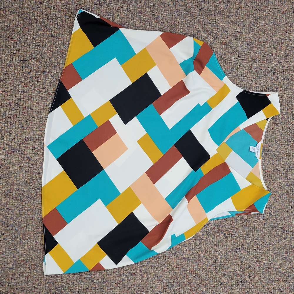Nine West Teal, Mustard, Rust & Cream Geometric Sleeveless Top